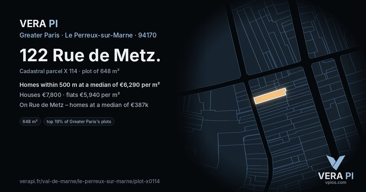 122 Rue de Metz, Le Perreux-sur-Marne at night – the plot lit, the parcels around coloured by the prices near them