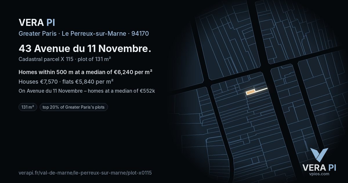 43 Avenue du 11 Novembre, Le Perreux-sur-Marne at night – the plot lit, the parcels around coloured by the prices near them