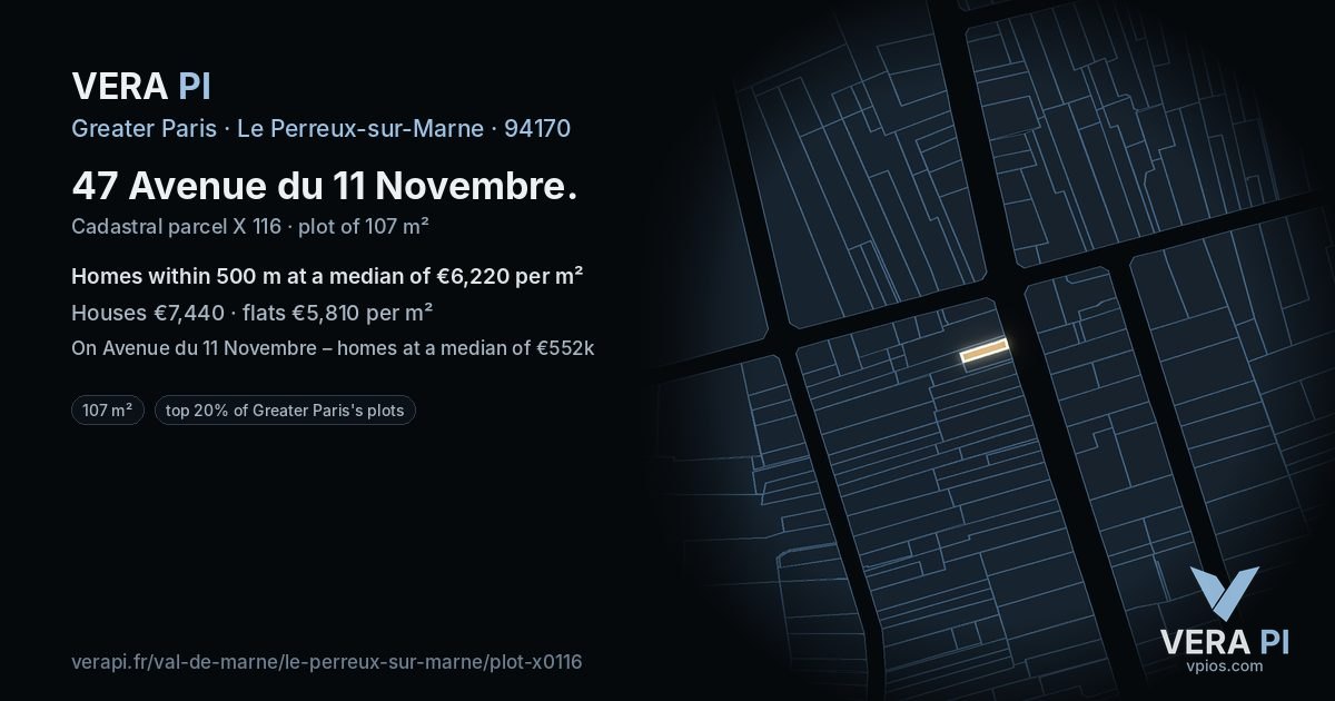 47 Avenue du 11 Novembre, Le Perreux-sur-Marne at night – the plot lit, the parcels around coloured by the prices near them