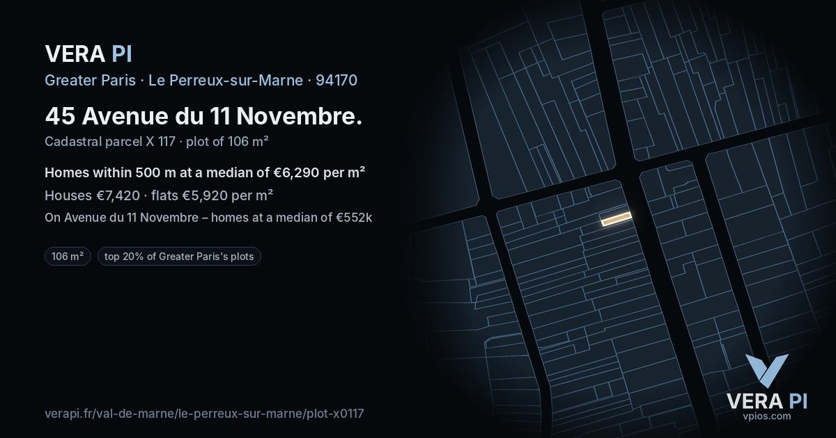 45 Avenue du 11 Novembre, Le Perreux-sur-Marne at night – the plot lit, the parcels around coloured by the prices near them