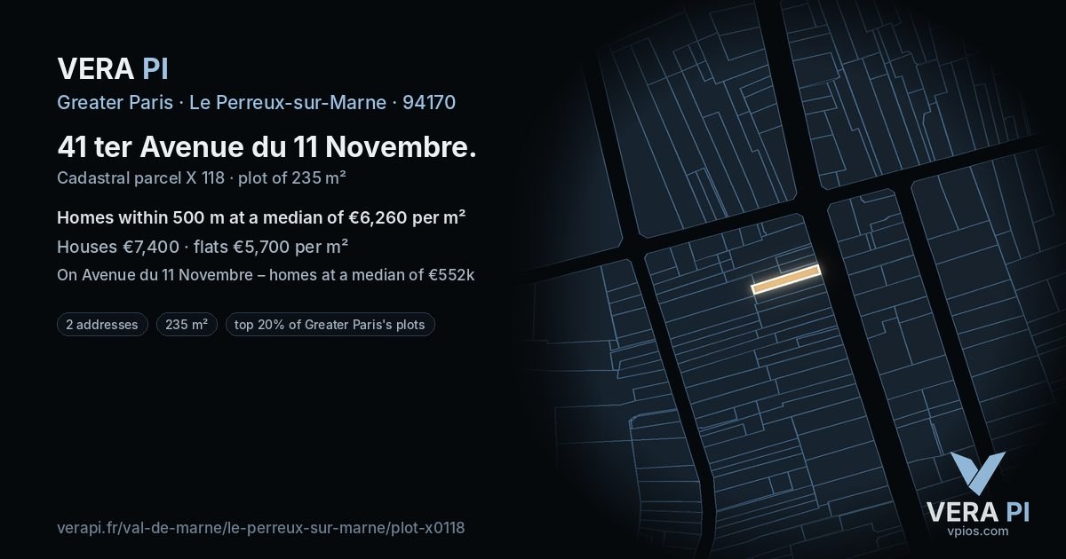 41 ter Avenue du 11 Novembre, Le Perreux-sur-Marne at night – the plot lit, the parcels around coloured by the prices near them