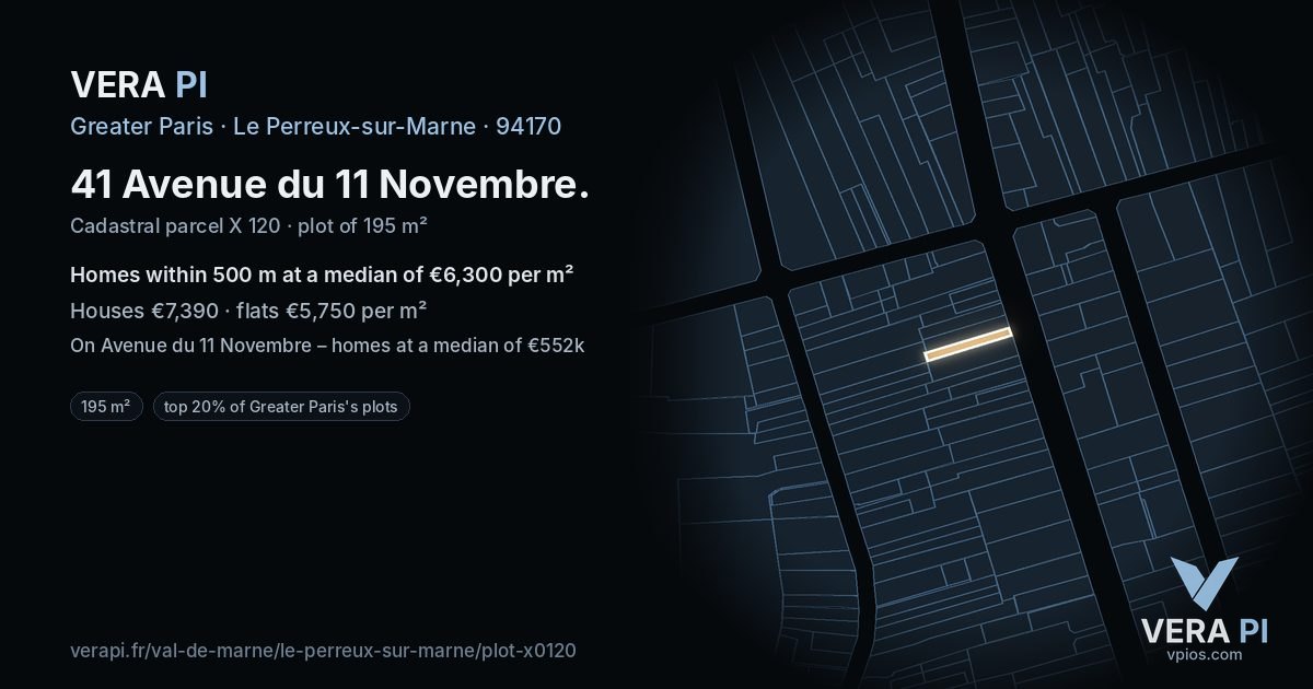 41 Avenue du 11 Novembre, Le Perreux-sur-Marne at night – the plot lit, the parcels around coloured by the prices near them