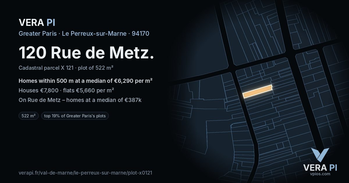 120 Rue de Metz, Le Perreux-sur-Marne at night – the plot lit, the parcels around coloured by the prices near them