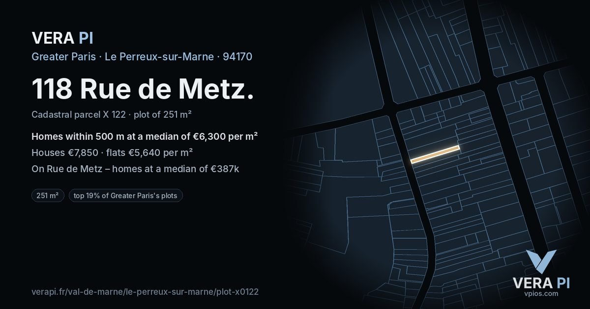 118 Rue de Metz, Le Perreux-sur-Marne at night – the plot lit, the parcels around coloured by the prices near them