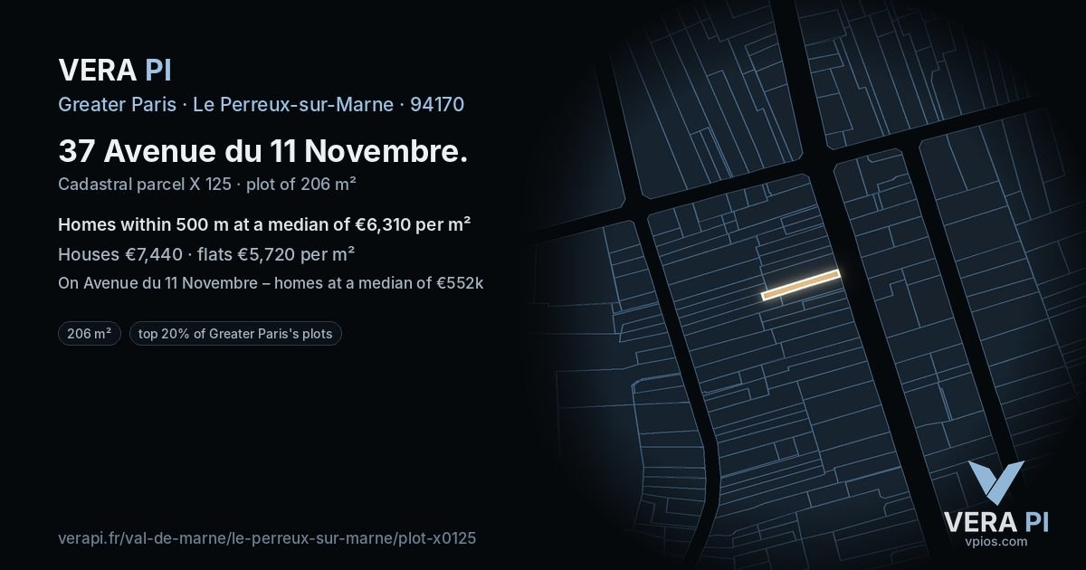 37 Avenue du 11 Novembre, Le Perreux-sur-Marne at night – the plot lit, the parcels around coloured by the prices near them