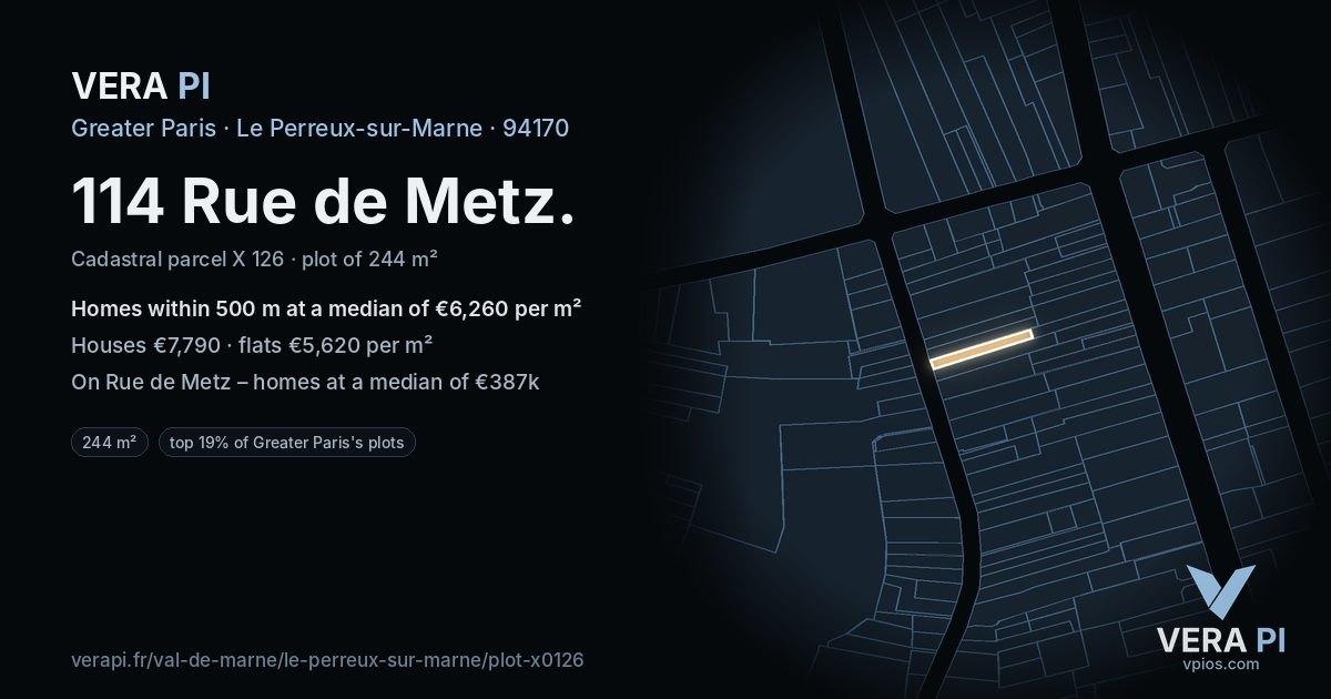 114 Rue de Metz, Le Perreux-sur-Marne at night – the plot lit, the parcels around coloured by the prices near them