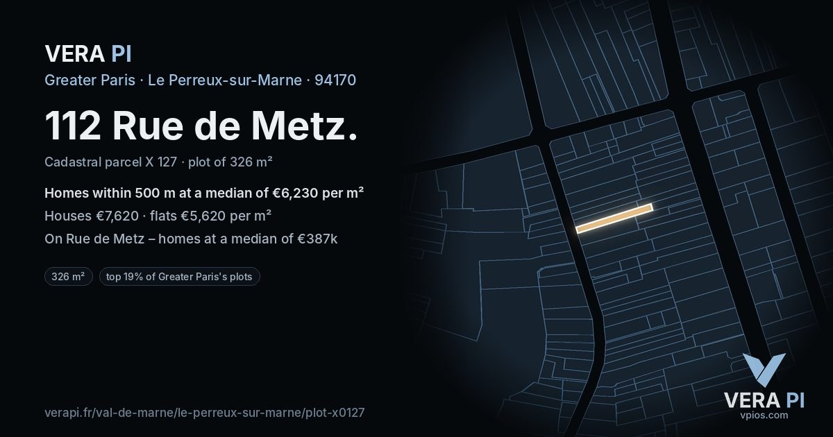 112 Rue de Metz, Le Perreux-sur-Marne at night – the plot lit, the parcels around coloured by the prices near them