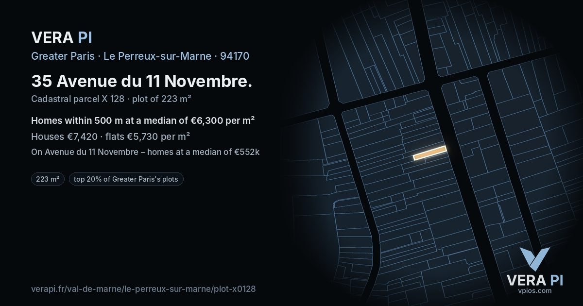 35 Avenue du 11 Novembre, Le Perreux-sur-Marne at night – the plot lit, the parcels around coloured by the prices near them