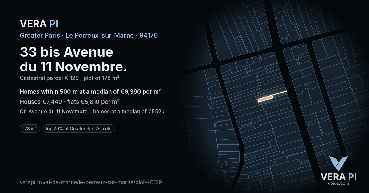 33 bis Avenue du 11 Novembre, Le Perreux-sur-Marne at night – the plot lit, the parcels around coloured by the prices near them