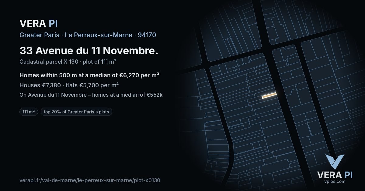 33 Avenue du 11 Novembre, Le Perreux-sur-Marne at night – the plot lit, the parcels around coloured by the prices near them