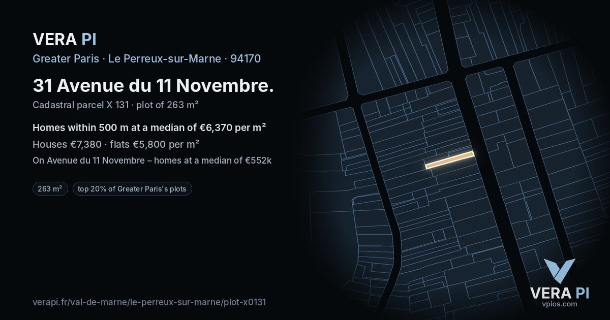 31 Avenue du 11 Novembre, Le Perreux-sur-Marne at night – the plot lit, the parcels around coloured by the prices near them