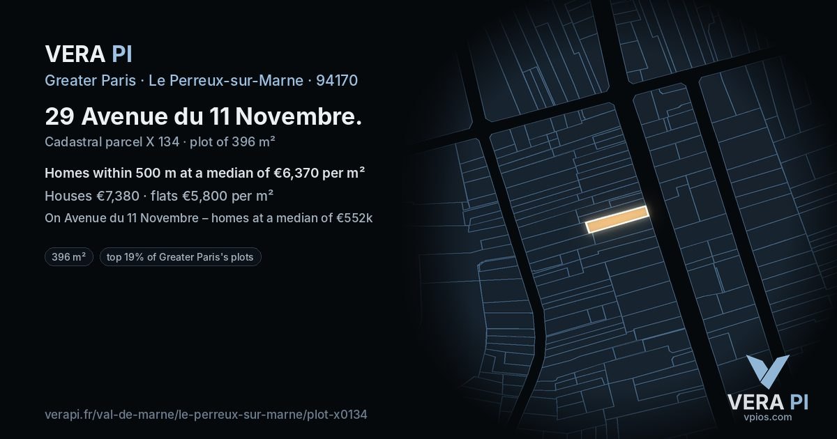 29 Avenue du 11 Novembre, Le Perreux-sur-Marne at night – the plot lit, the parcels around coloured by the prices near them