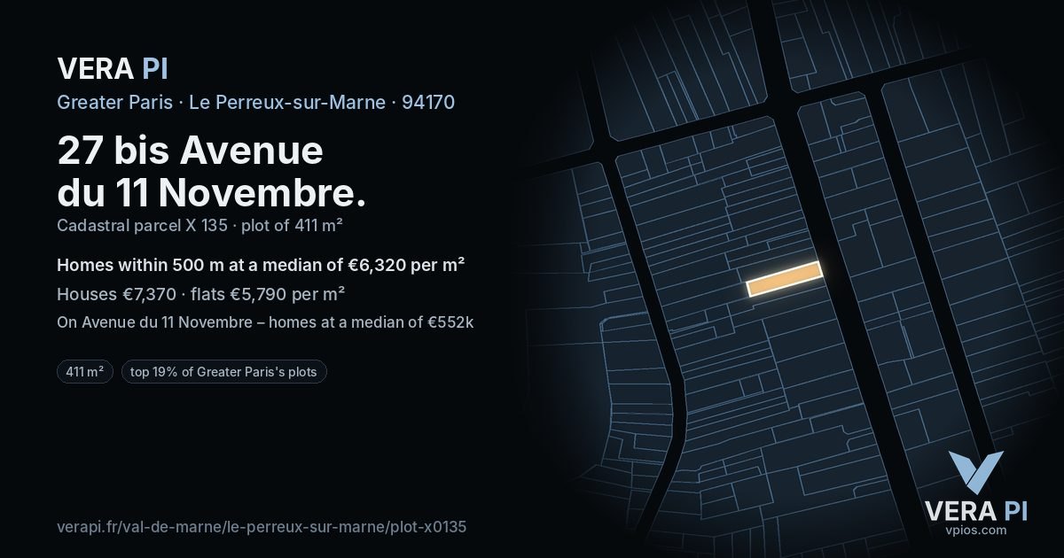 27 bis Avenue du 11 Novembre, Le Perreux-sur-Marne at night – the plot lit, the parcels around coloured by the prices near them