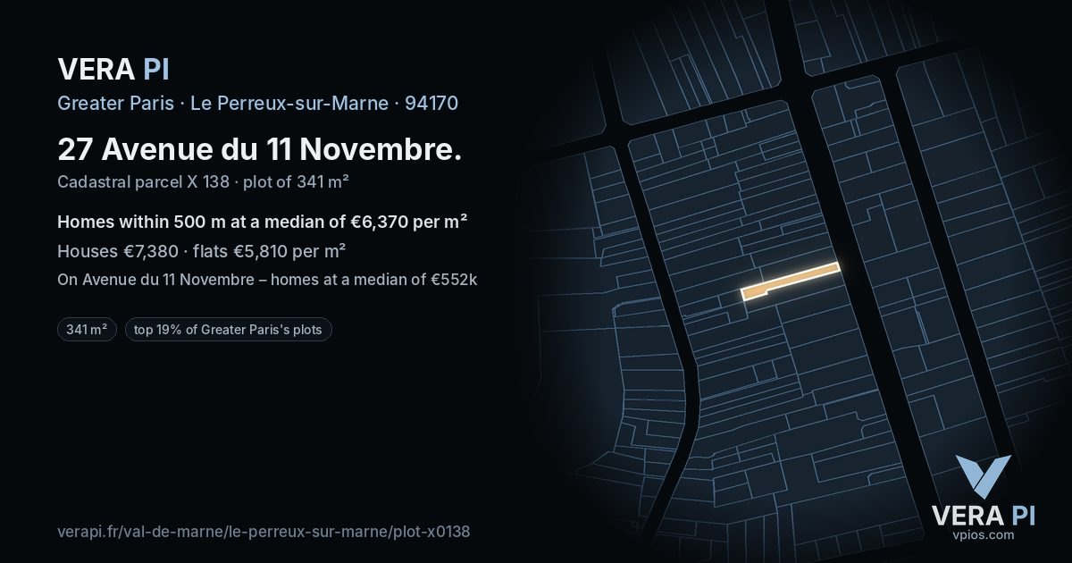 27 Avenue du 11 Novembre, Le Perreux-sur-Marne at night – the plot lit, the parcels around coloured by the prices near them