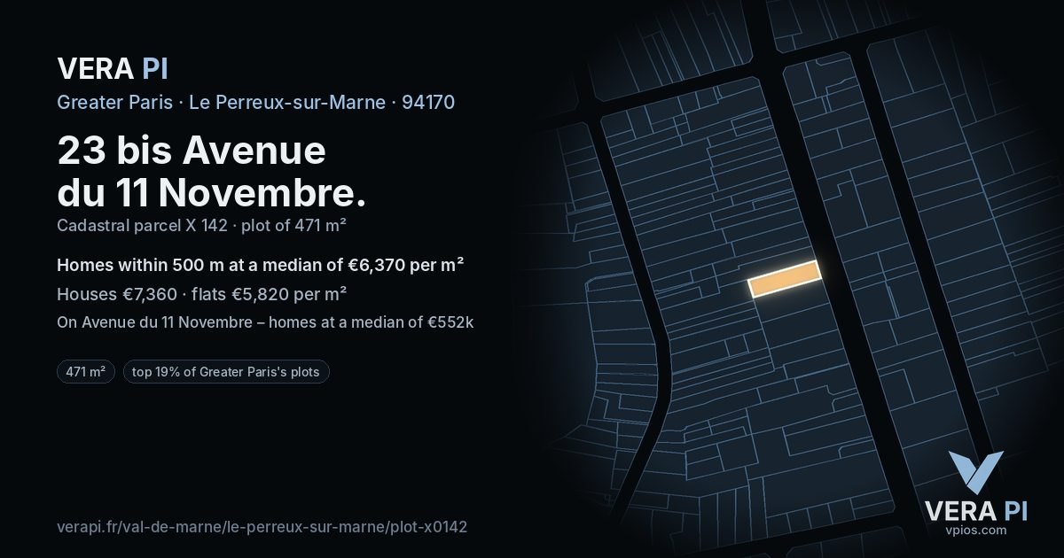 23 bis Avenue du 11 Novembre, Le Perreux-sur-Marne at night – the plot lit, the parcels around coloured by the prices near them