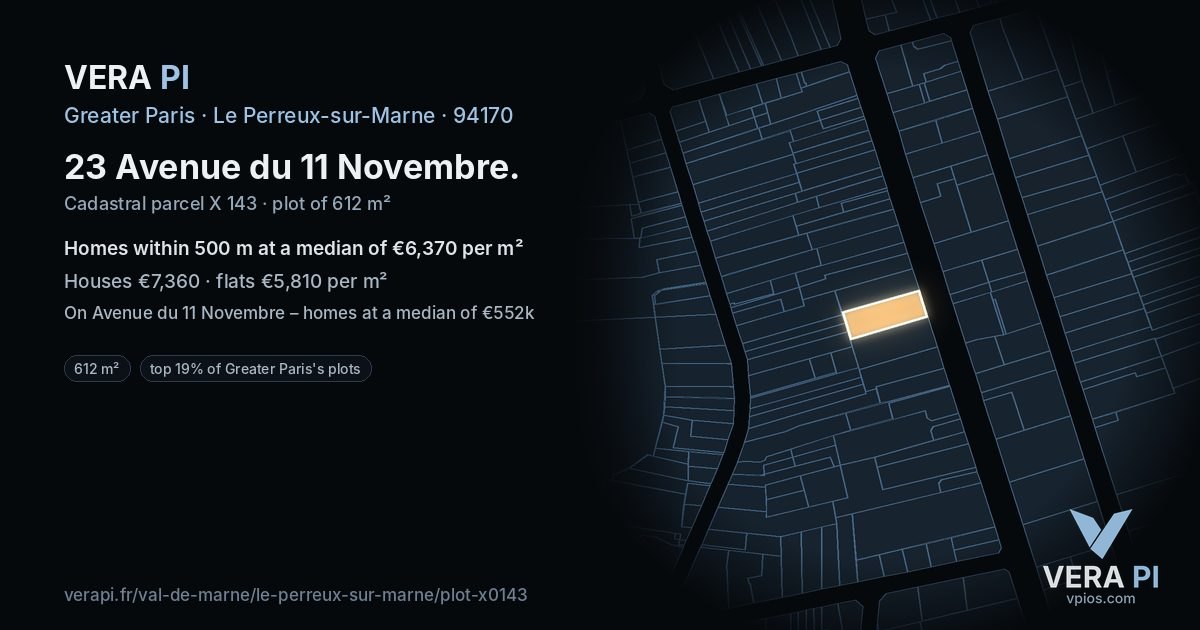 23 Avenue du 11 Novembre, Le Perreux-sur-Marne at night – the plot lit, the parcels around coloured by the prices near them