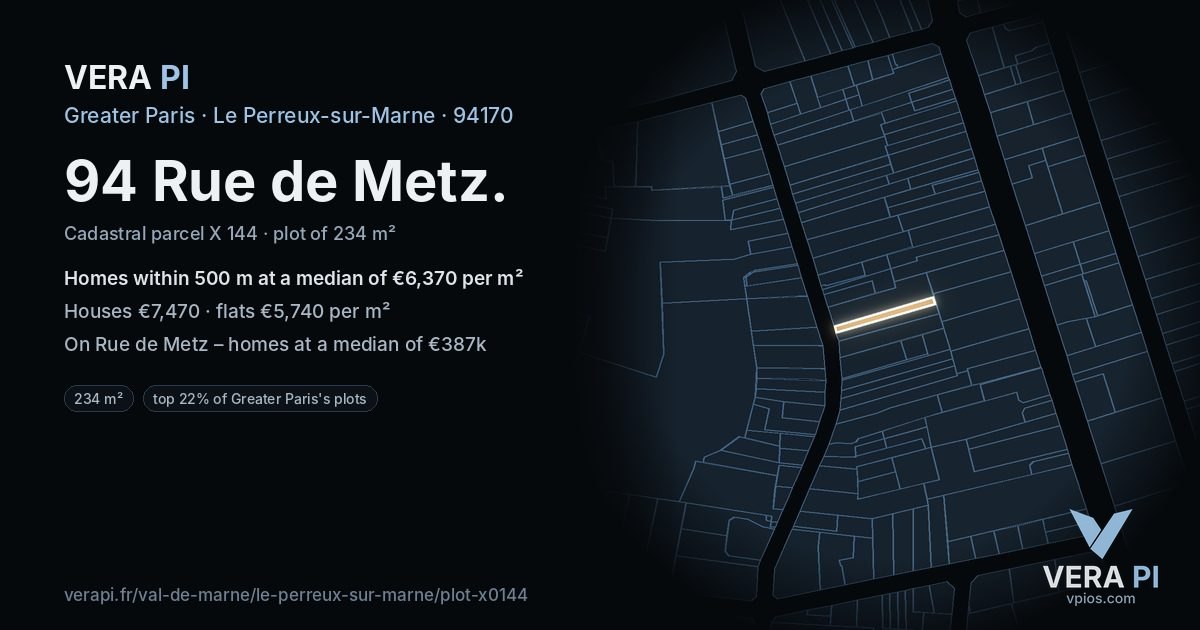 94 Rue de Metz, Le Perreux-sur-Marne at night – the plot lit, the parcels around coloured by the prices near them