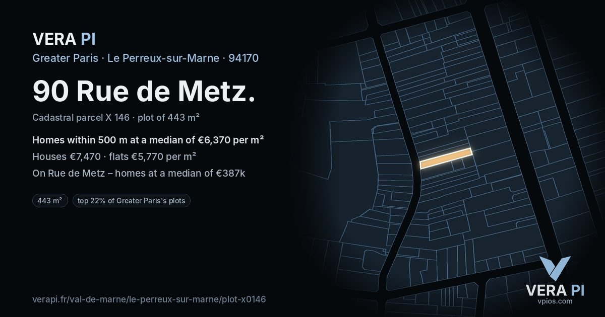 90 Rue de Metz, Le Perreux-sur-Marne at night – the plot lit, the parcels around coloured by the prices near them