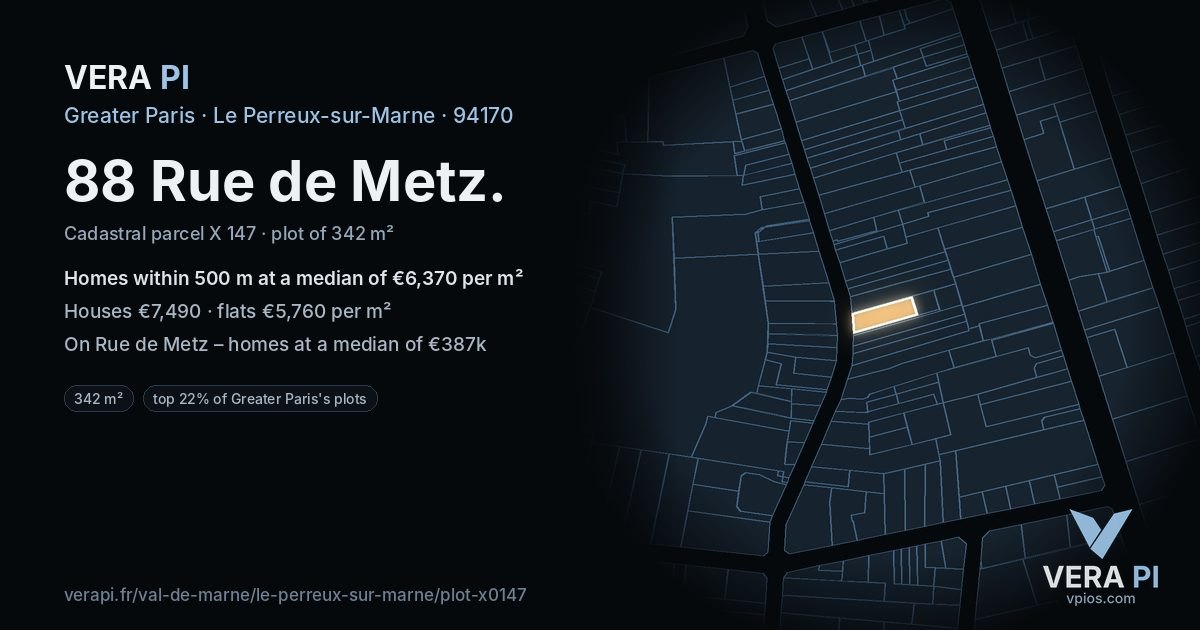 88 Rue de Metz, Le Perreux-sur-Marne at night – the plot lit, the parcels around coloured by the prices near them