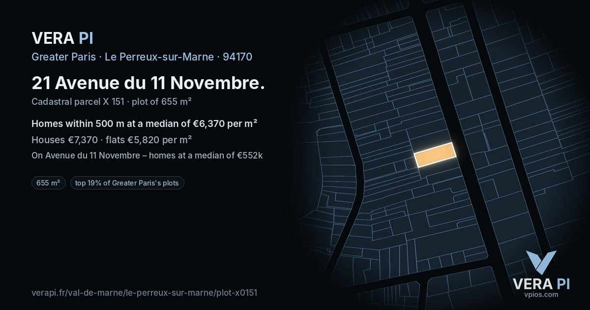 21 Avenue du 11 Novembre, Le Perreux-sur-Marne at night – the plot lit, the parcels around coloured by the prices near them