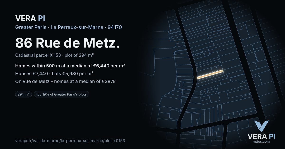 86 Rue de Metz, Le Perreux-sur-Marne at night – the plot lit, the parcels around coloured by the prices near them