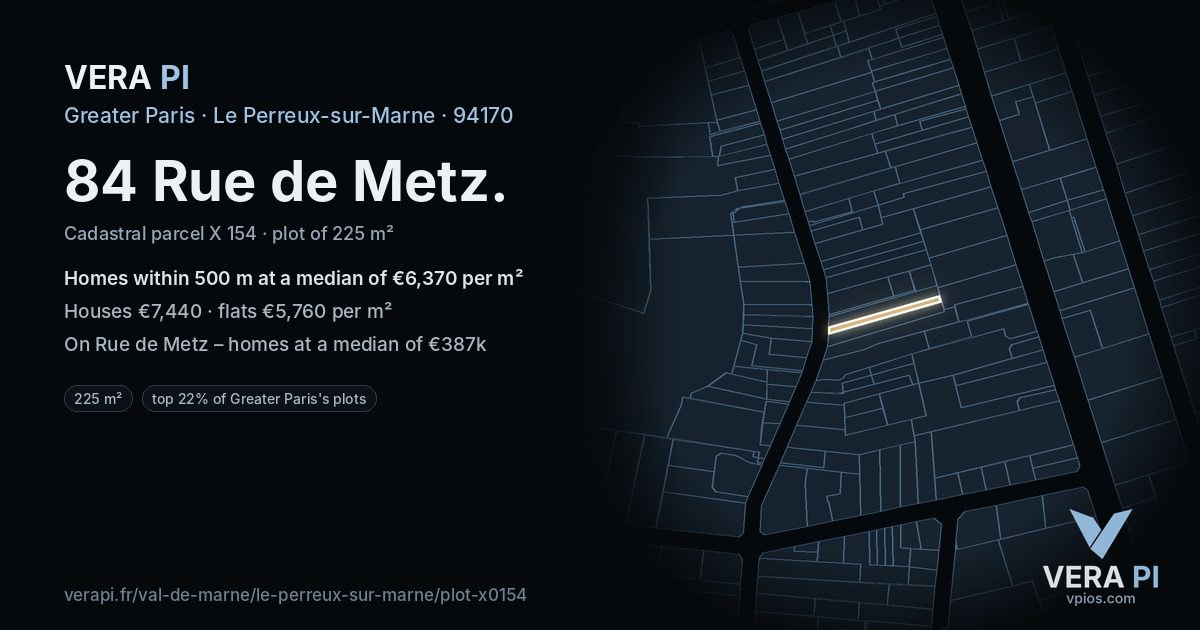 84 Rue de Metz, Le Perreux-sur-Marne at night – the plot lit, the parcels around coloured by the prices near them