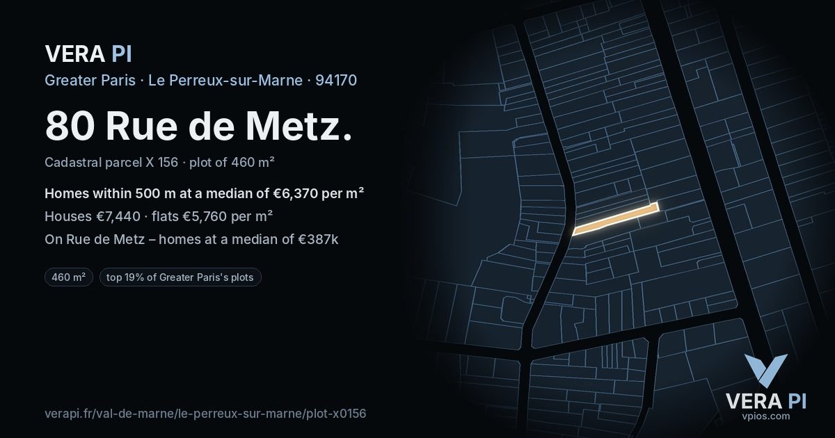80 Rue de Metz, Le Perreux-sur-Marne at night – the plot lit, the parcels around coloured by the prices near them