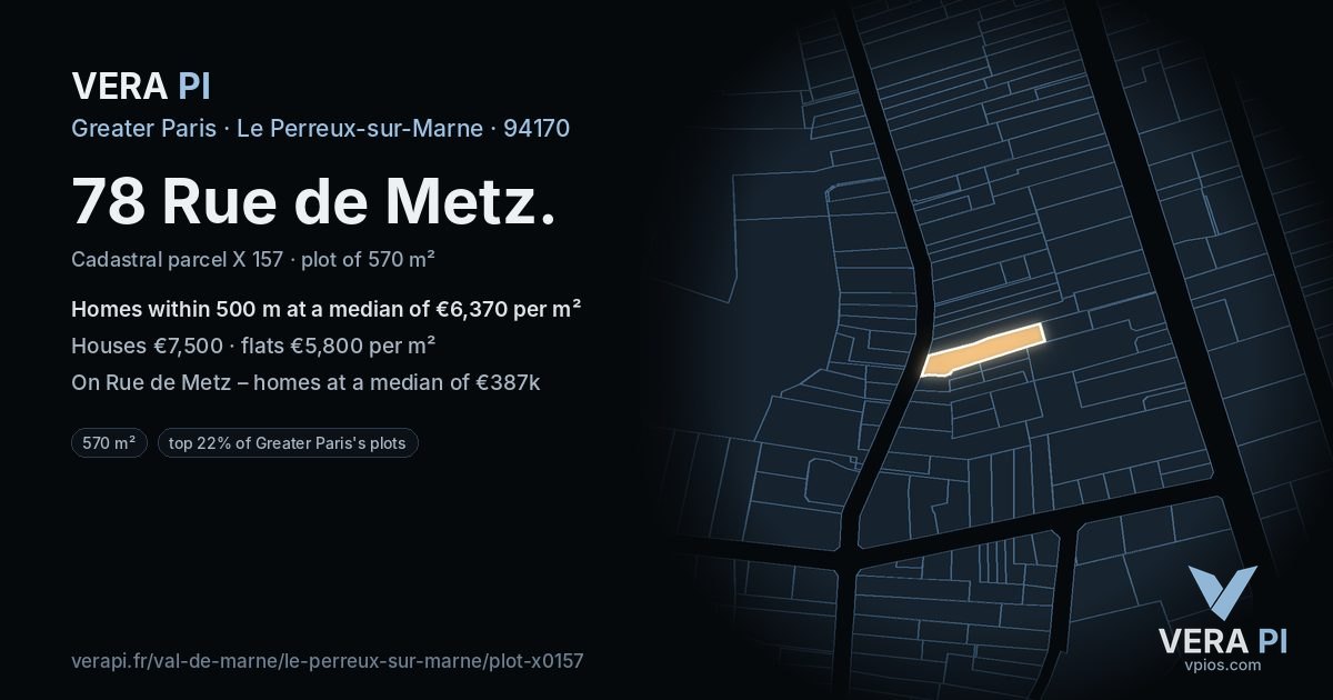 78 Rue de Metz, Le Perreux-sur-Marne at night – the plot lit, the parcels around coloured by the prices near them