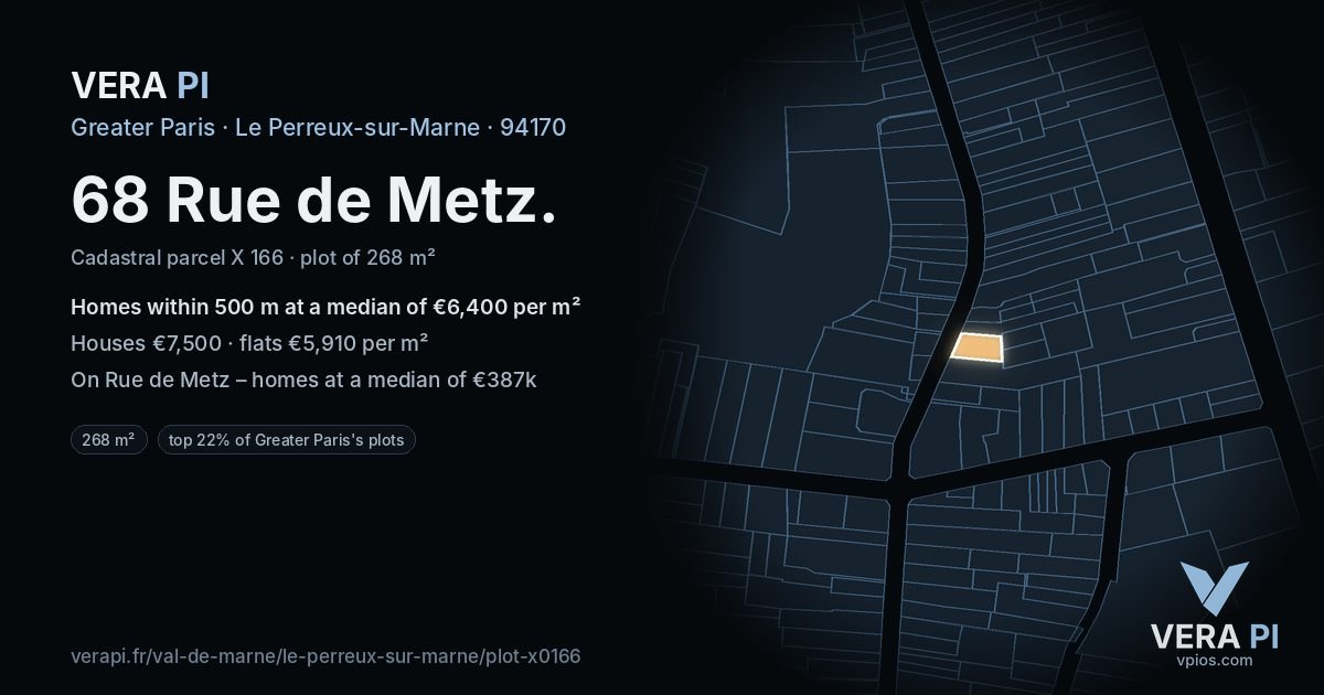 68 Rue de Metz, Le Perreux-sur-Marne at night – the plot lit, the parcels around coloured by the prices near them