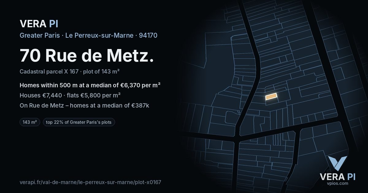 70 Rue de Metz, Le Perreux-sur-Marne at night – the plot lit, the parcels around coloured by the prices near them