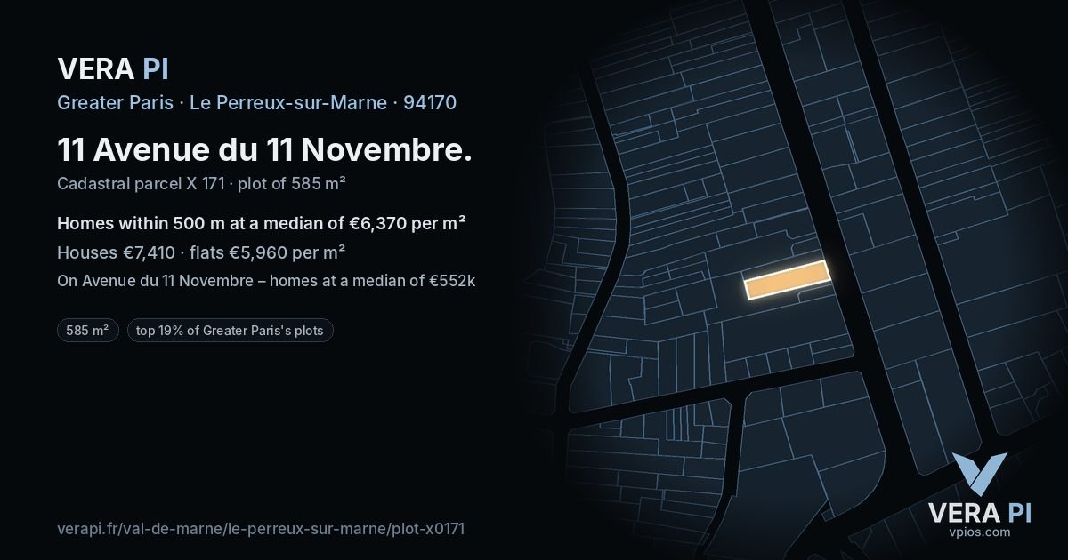 11 Avenue du 11 Novembre, Le Perreux-sur-Marne at night – the plot lit, the parcels around coloured by the prices near them
