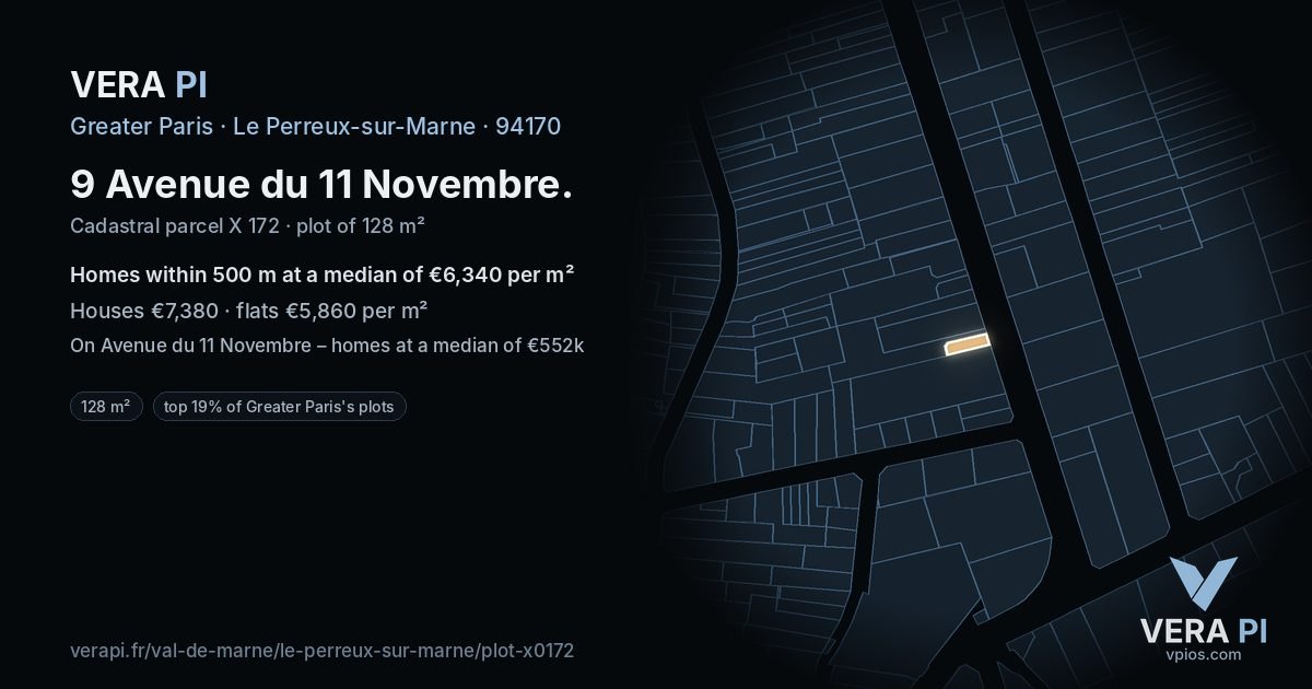 9 Avenue du 11 Novembre, Le Perreux-sur-Marne at night – the plot lit, the parcels around coloured by the prices near them