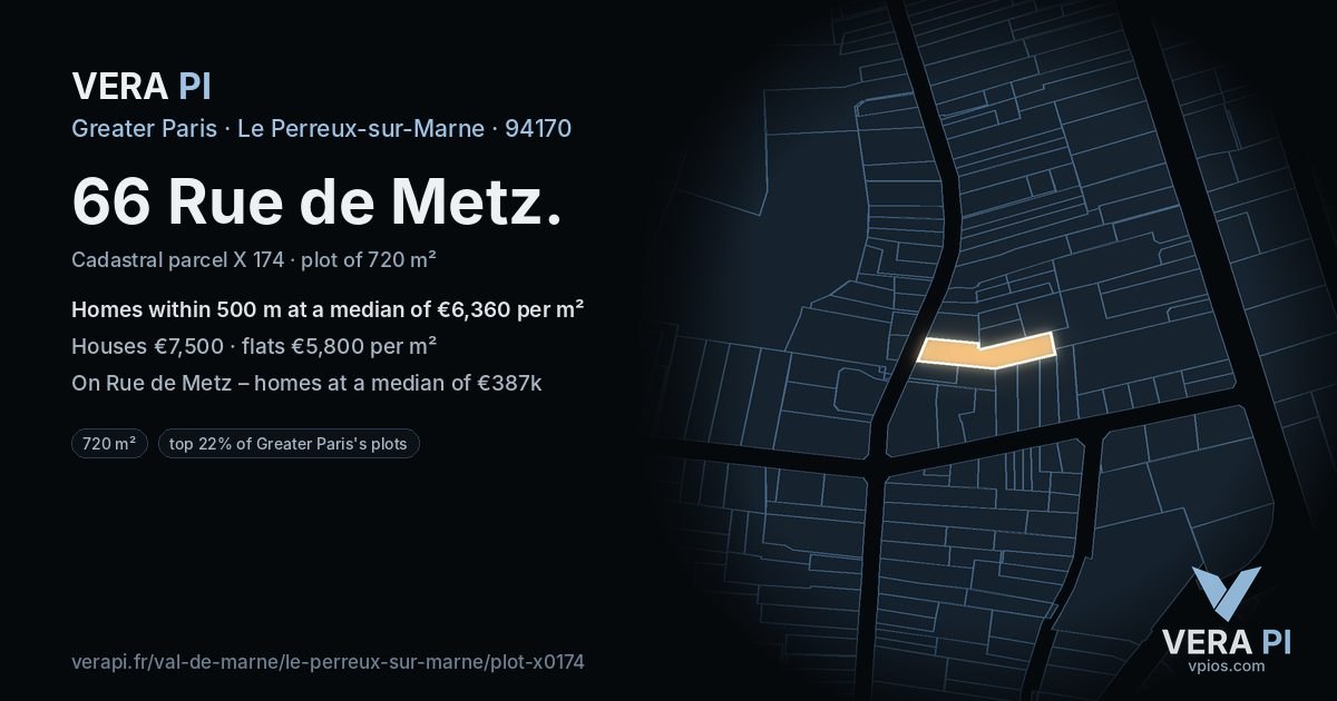 66 Rue de Metz, Le Perreux-sur-Marne at night – the plot lit, the parcels around coloured by the prices near them