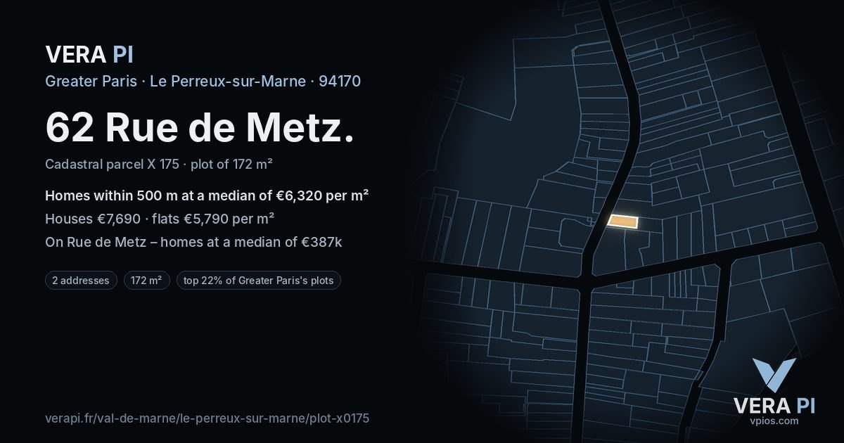62 Rue de Metz, Le Perreux-sur-Marne at night – the plot lit, the parcels around coloured by the prices near them