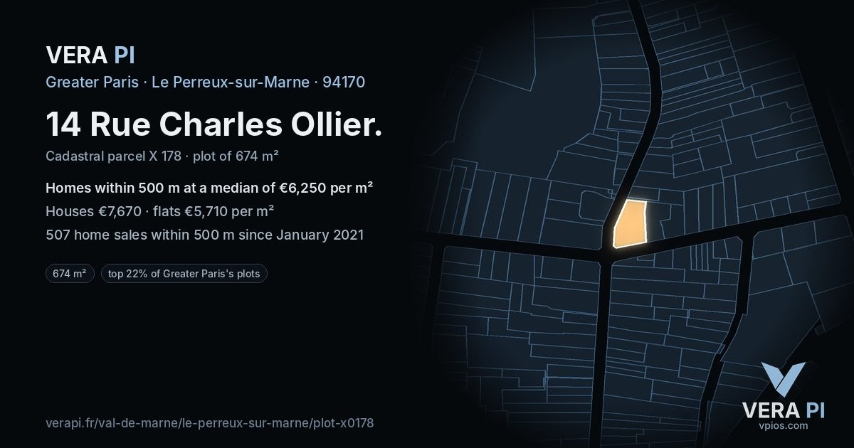 14 Rue Charles Ollier, Le Perreux-sur-Marne at night – the plot lit, the parcels around coloured by the prices near them