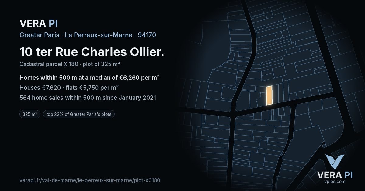 10 ter Rue Charles Ollier, Le Perreux-sur-Marne at night – the plot lit, the parcels around coloured by the prices near them