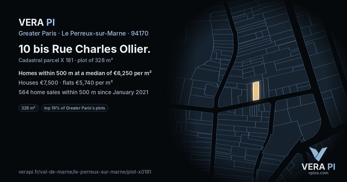 10 bis Rue Charles Ollier, Le Perreux-sur-Marne at night – the plot lit, the parcels around coloured by the prices near them