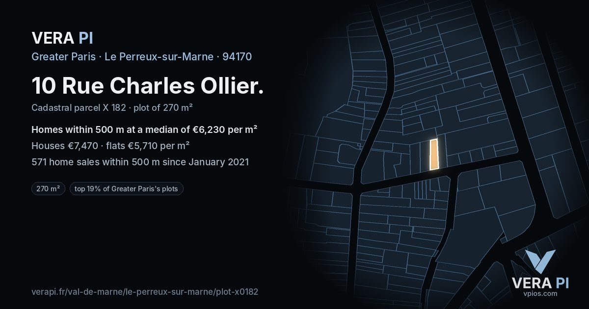 10 Rue Charles Ollier, Le Perreux-sur-Marne at night – the plot lit, the parcels around coloured by the prices near them
