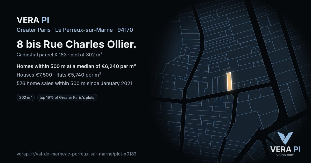 8 bis Rue Charles Ollier, Le Perreux-sur-Marne at night – the plot lit, the parcels around coloured by the prices near them