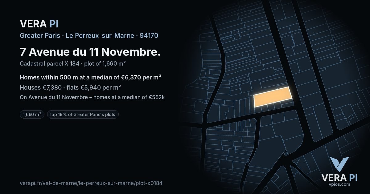 7 Avenue du 11 Novembre, Le Perreux-sur-Marne at night – the plot lit, the parcels around coloured by the prices near them