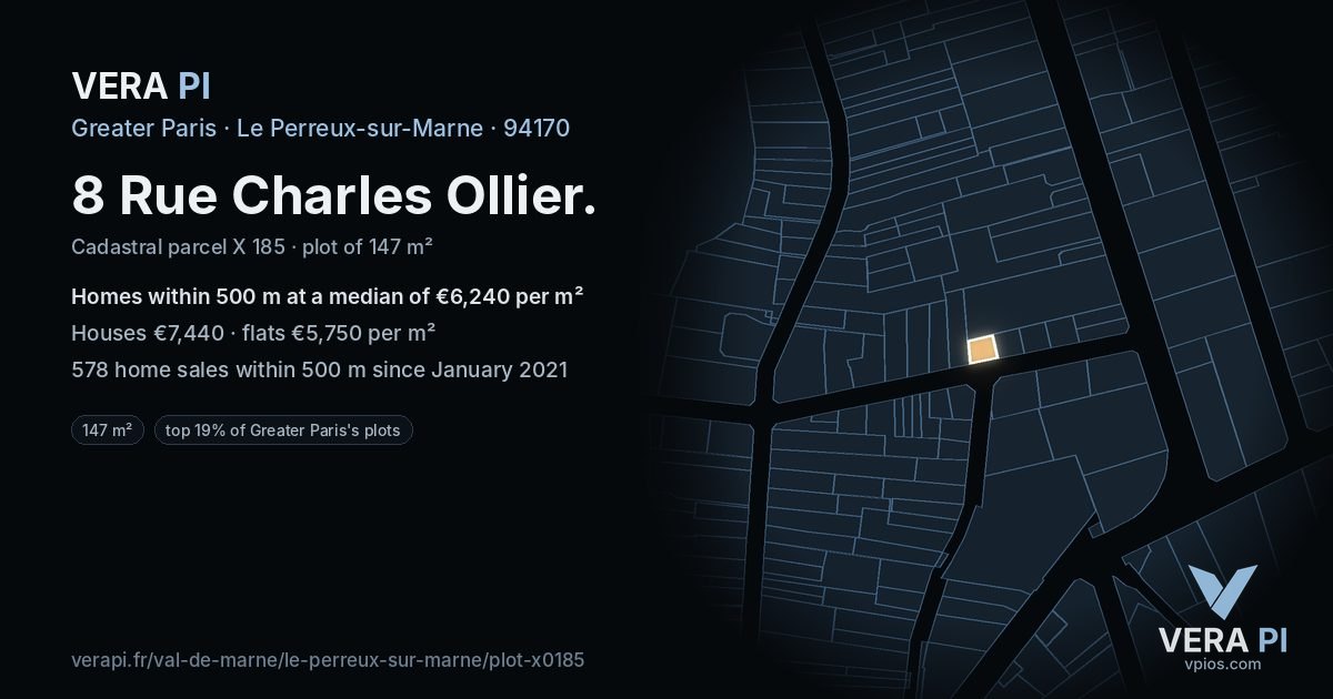 8 Rue Charles Ollier, Le Perreux-sur-Marne at night – the plot lit, the parcels around coloured by the prices near them