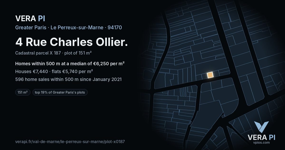 4 Rue Charles Ollier, Le Perreux-sur-Marne at night – the plot lit, the parcels around coloured by the prices near them