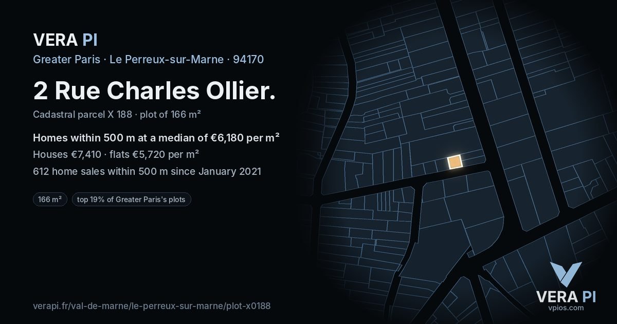 2 Rue Charles Ollier, Le Perreux-sur-Marne at night – the plot lit, the parcels around coloured by the prices near them