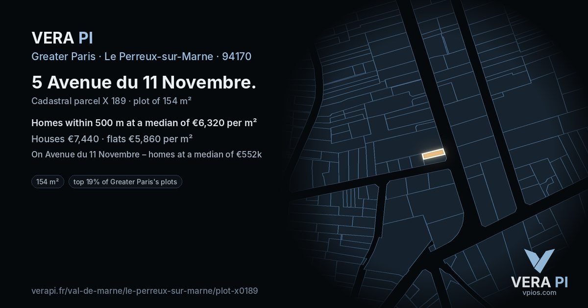 5 Avenue du 11 Novembre, Le Perreux-sur-Marne at night – the plot lit, the parcels around coloured by the prices near them
