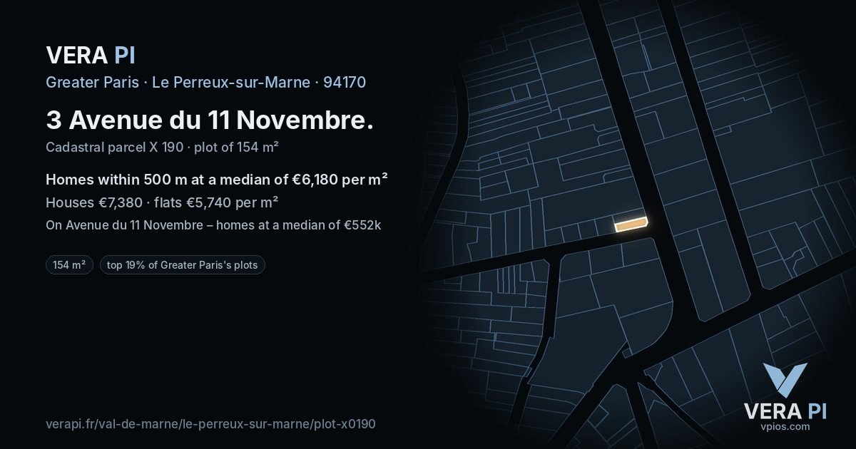 3 Avenue du 11 Novembre, Le Perreux-sur-Marne at night – the plot lit, the parcels around coloured by the prices near them