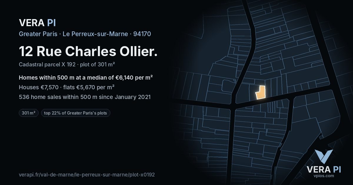 12 Rue Charles Ollier, Le Perreux-sur-Marne at night – the plot lit, the parcels around coloured by the prices near them