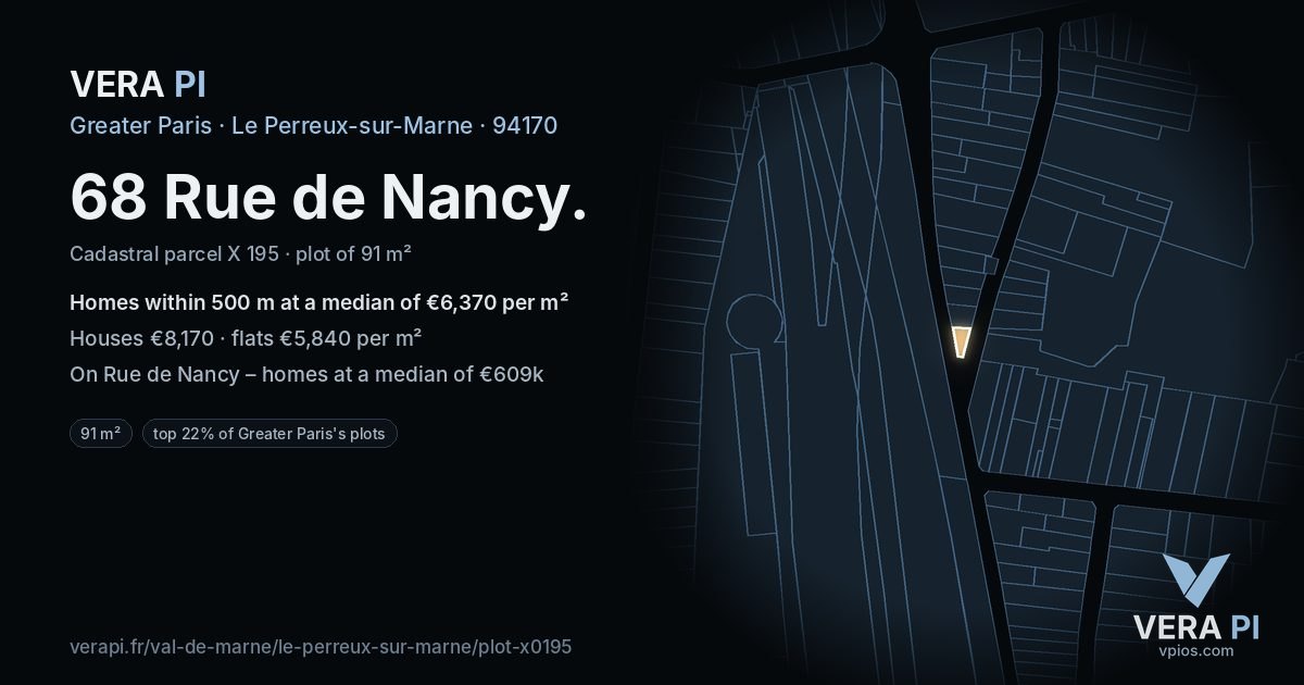 68 Rue de Nancy, Le Perreux-sur-Marne at night – the plot lit, the parcels around coloured by the prices near them