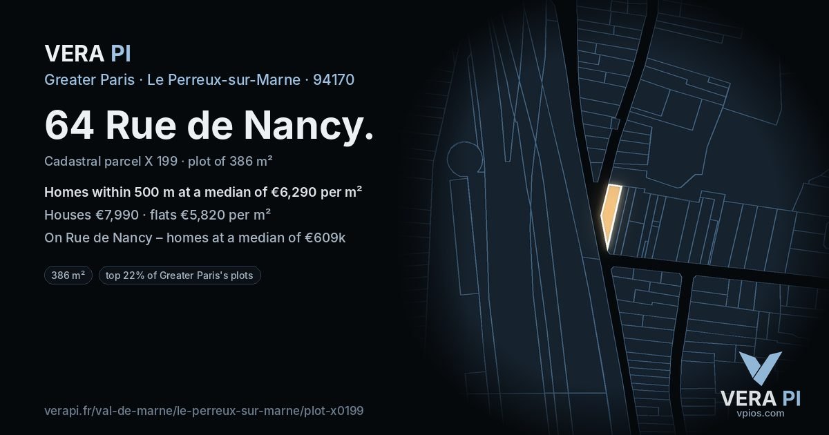 64 Rue de Nancy, Le Perreux-sur-Marne at night – the plot lit, the parcels around coloured by the prices near them