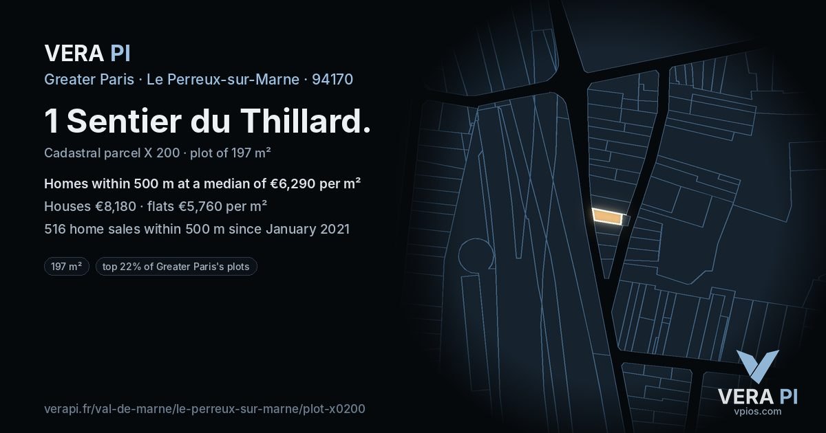 1 Sentier du Thillard, Le Perreux-sur-Marne at night – the plot lit, the parcels around coloured by the prices near them