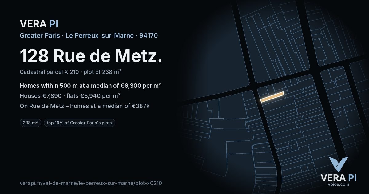 128 Rue de Metz, Le Perreux-sur-Marne at night – the plot lit, the parcels around coloured by the prices near them